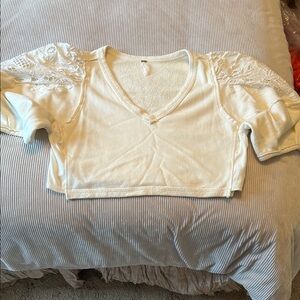 Free People White V-Neck Puff Sleeve Crop Top